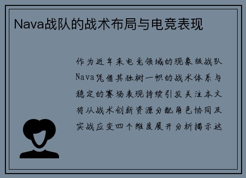 Nava战队的战术布局与电竞表现